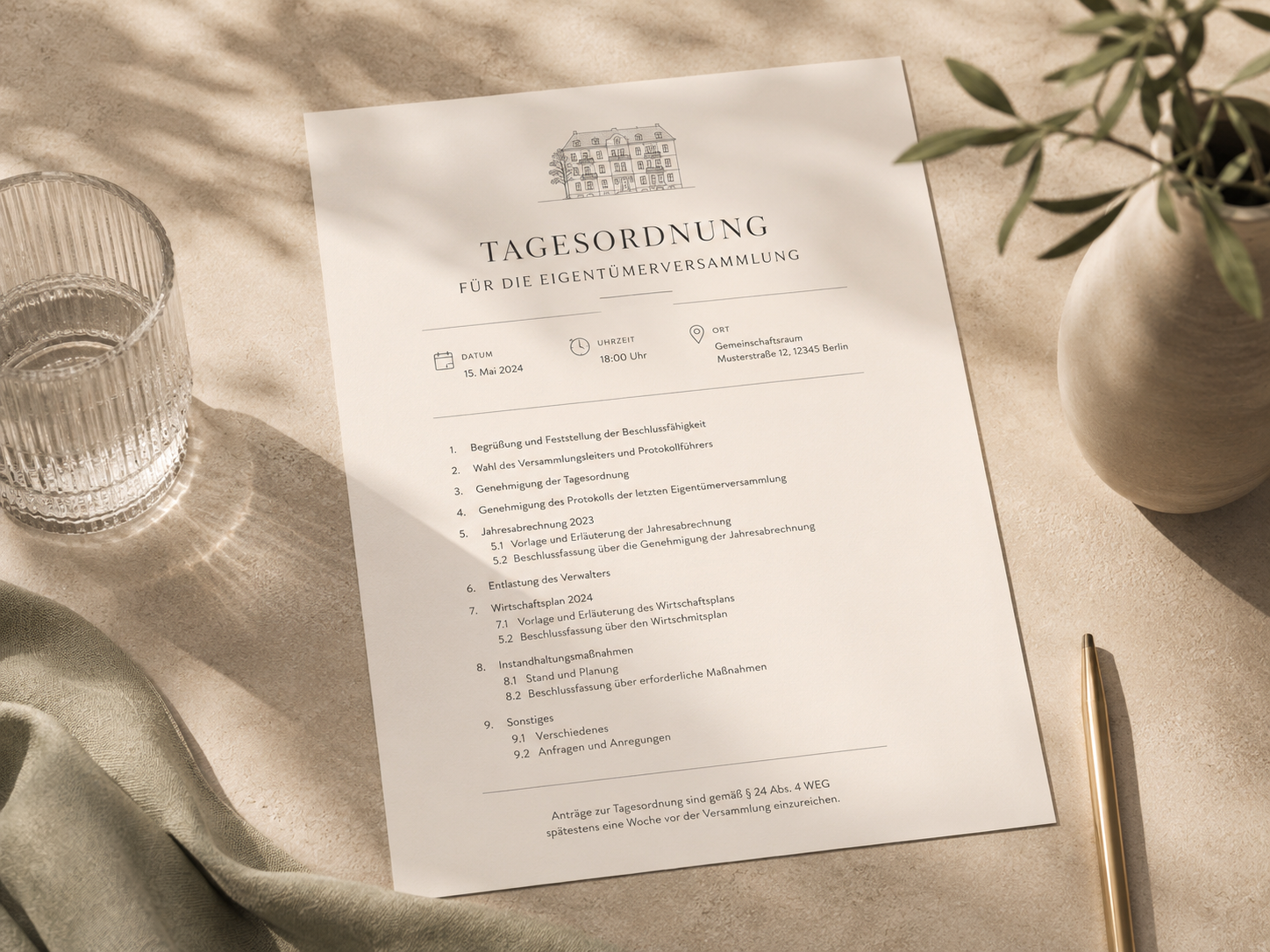 Tagesordnung für die Eigentümerversammlung